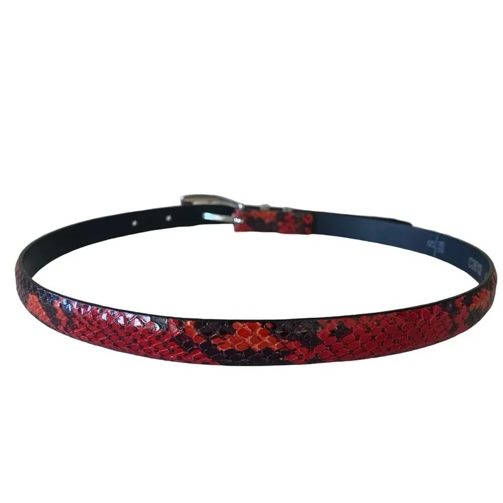Brighton Snake Print Leather Skinny Belt Red Black Size S